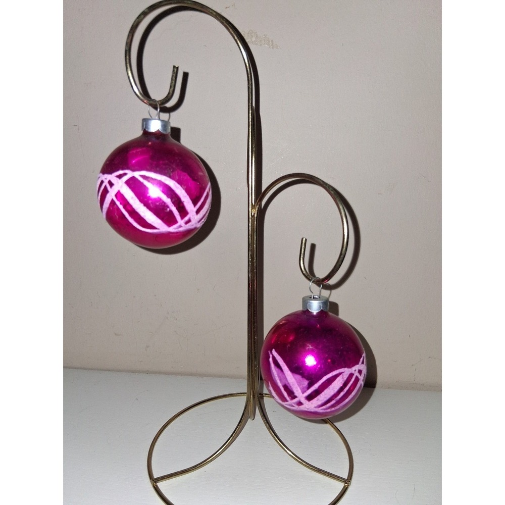 Vintage Made in USA Pink Glass Christmas Ornaments White Swirl Pair 2.5"